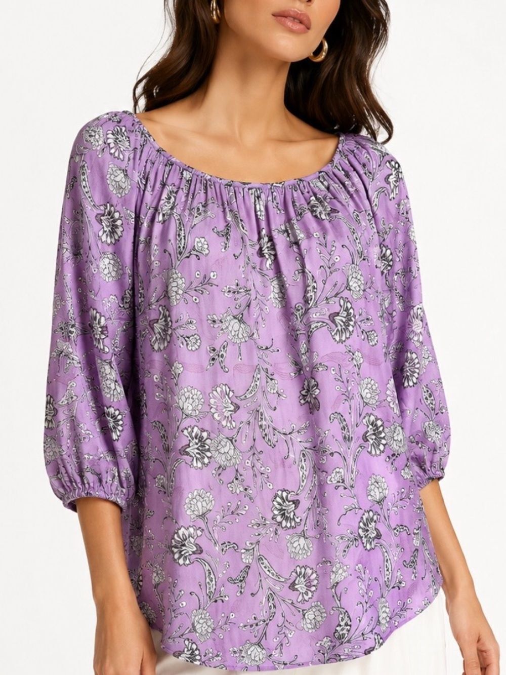 J. JILL Lavender Purple Floral Peasant Blouse Size XL